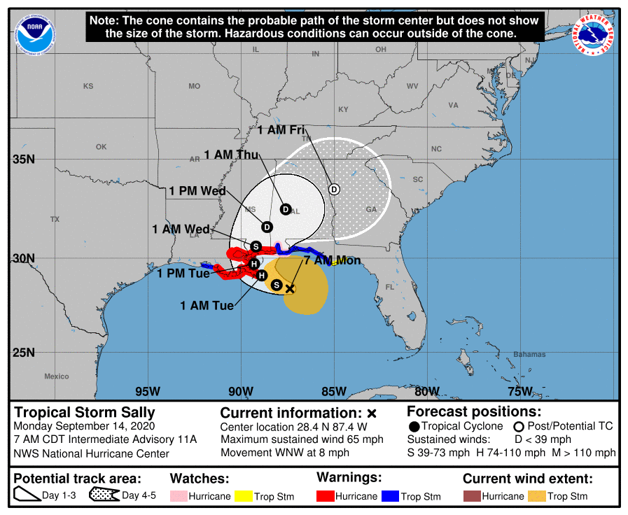 **SALLY UPDATE: MONDAY 9/14, 7 A.M.**The track for Tropical Storm  #Sally shifted east overnight, but Lafourche Parish remains under a Hurricane Warning and Storm Surge Warning, as well as a Flash Flood Watch. 1/5