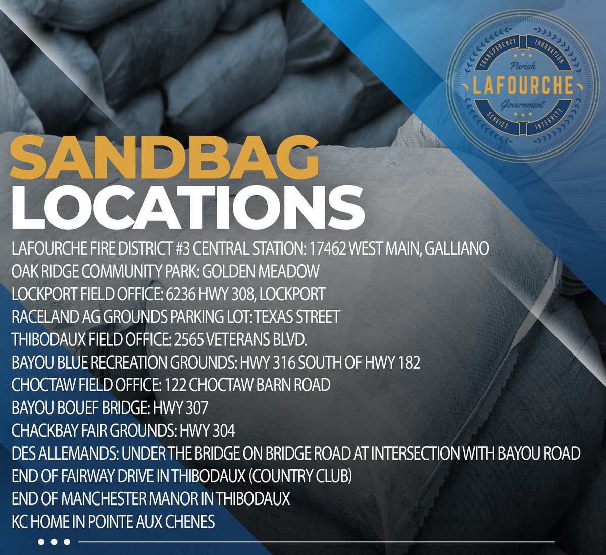 Sandbags are available at multiple locations throughout the parish, but bags are self-fill only at this time, so please bring a shovel. 4/5