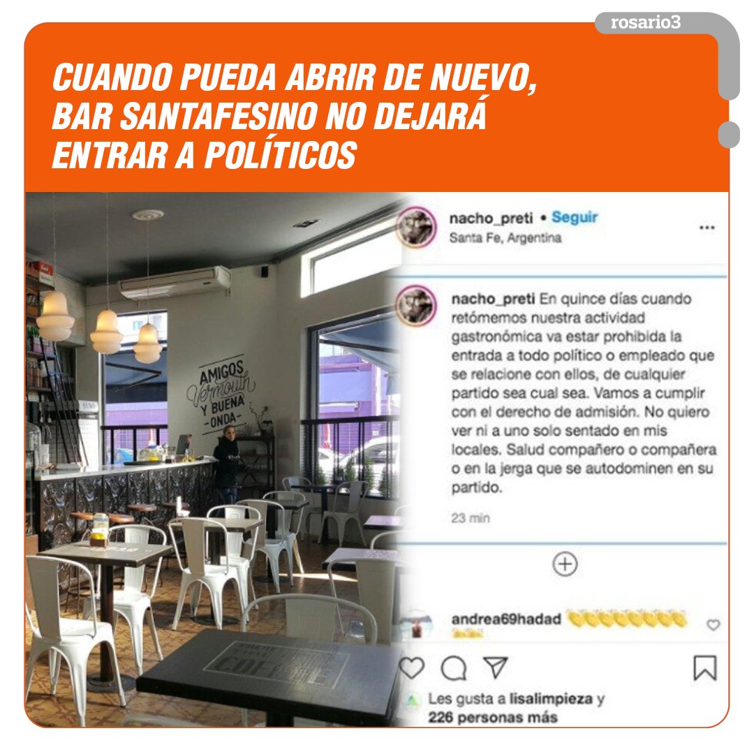 Rosariotres's tweet photo. 🗣☕Una conocida cafetería y vermutería del centro de la capital provincial, advirtió que cuando pueda recibir clientes otra vez, aplicará el derecho de admisión y no permitirá el ingreso de funcionarios o dirigentes de cualquier partido político.

🗞️https://t.co/OhODtnyWzU https://t.co/es1x1DOT5w