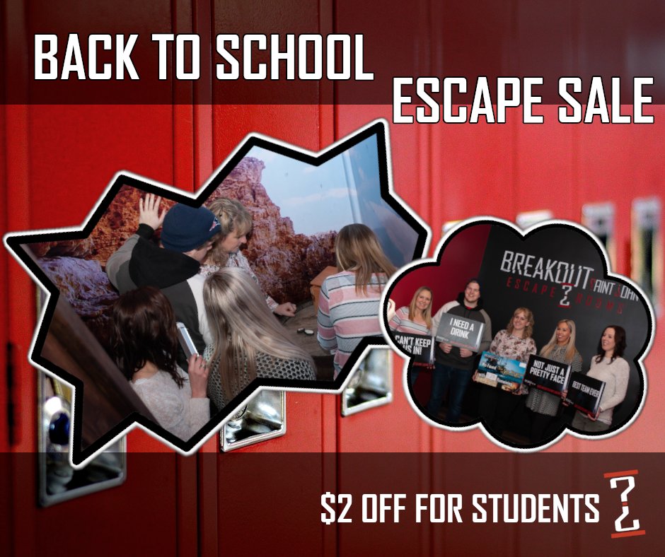BreakoutSJ's tweet image. Until September 30th, students can get $2 off any room booking with our Back to School Escape Sale!

Visit us at ow.ly/Kth650BooTJ