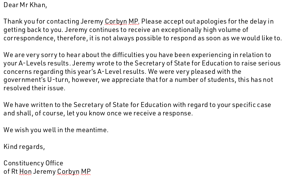 _msalmankhan_'s tweet photo. Finally got a response from @jeremycorbyn 's office. Would have been great if this had been done back in *May* when I sent my first email. Or several weeks ago, when I sent another letter. Heck, for some people university has already started😑 https://t.co/JJvtUfeEBe