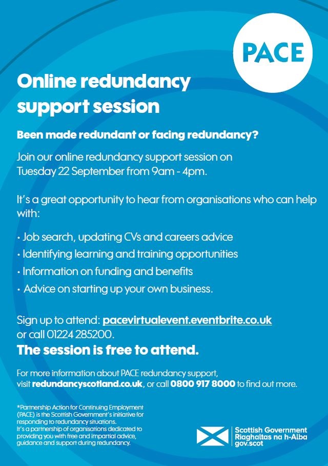 AberdeenCC's tweet photo. Have you been made redundant or are you facing redundancy? Join PACE for their online redundancy session on  Tuesday, 22 September, 9am-4pm, offering free advice and support #ABZWorks #NoOneLeftBehind https://t.co/1gJumbtKyp