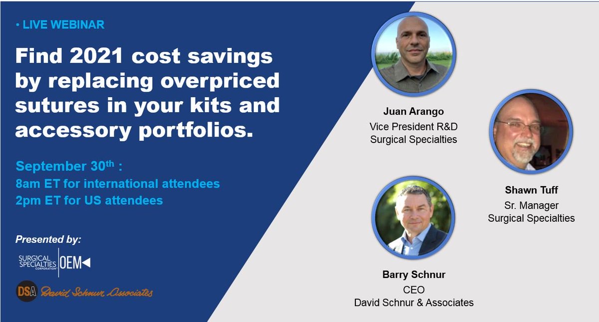 Surgical_Spec's tweet photo. Looking for 2021 cost savings?

Join us to learn how replacing overpriced sutures in your supply chain can help.

Register here:
US attendees: https://t.co/MKwdSbHhfB 
International attendees: https://t.co/DWaWjTelrx 

#OEM #sutures #woundclosure #medicaldevice https://t.co/9zfBZ9CP68