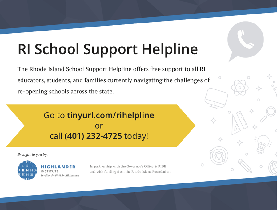 ThroughlineLrng's tweet photo. Good morning RI educators, students and families! Good luck w/your return to school today. We have deep empathy for the anxiety, excitement &amp; confusion you may be feeling. To offer support, we are relaunching our RI School Support Helpline for any teacher or family with questions https://t.co/e67TKqy5rR