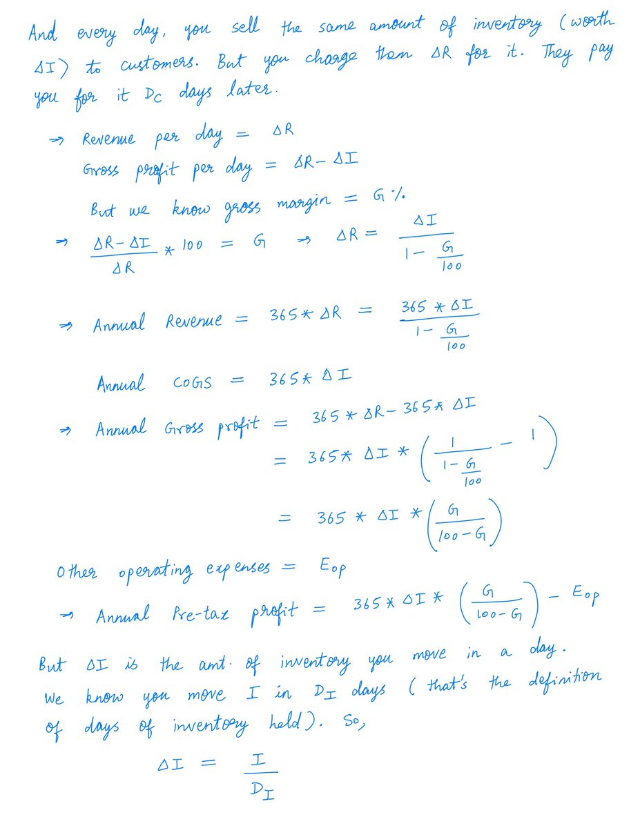 Some folks wanted to know how I got the ROCE formula in Tweet 27 above.Hence this “appendix tweet” with my derivation. See pics.(Don’t worry if you don’t understand the math. Just remember that both gross margins *and* inventory turnover matter — not just one or the other.)