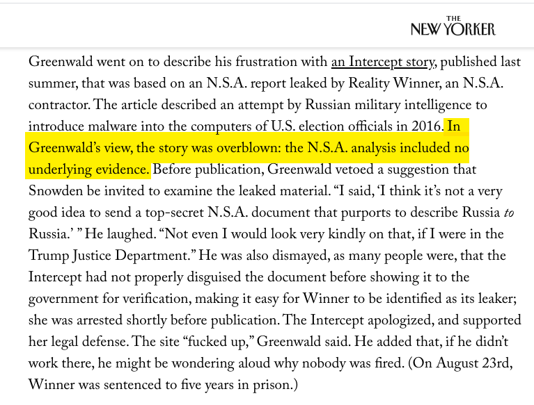 Once I heard about the doc, my opinion - as I've said publicly - was (and still is): it was newsworthy, but not conclusive, because it was anonymously authored by NSA & had no underlying evidence. But as NYT says, I had no role in reporting it because it was assigned to others.