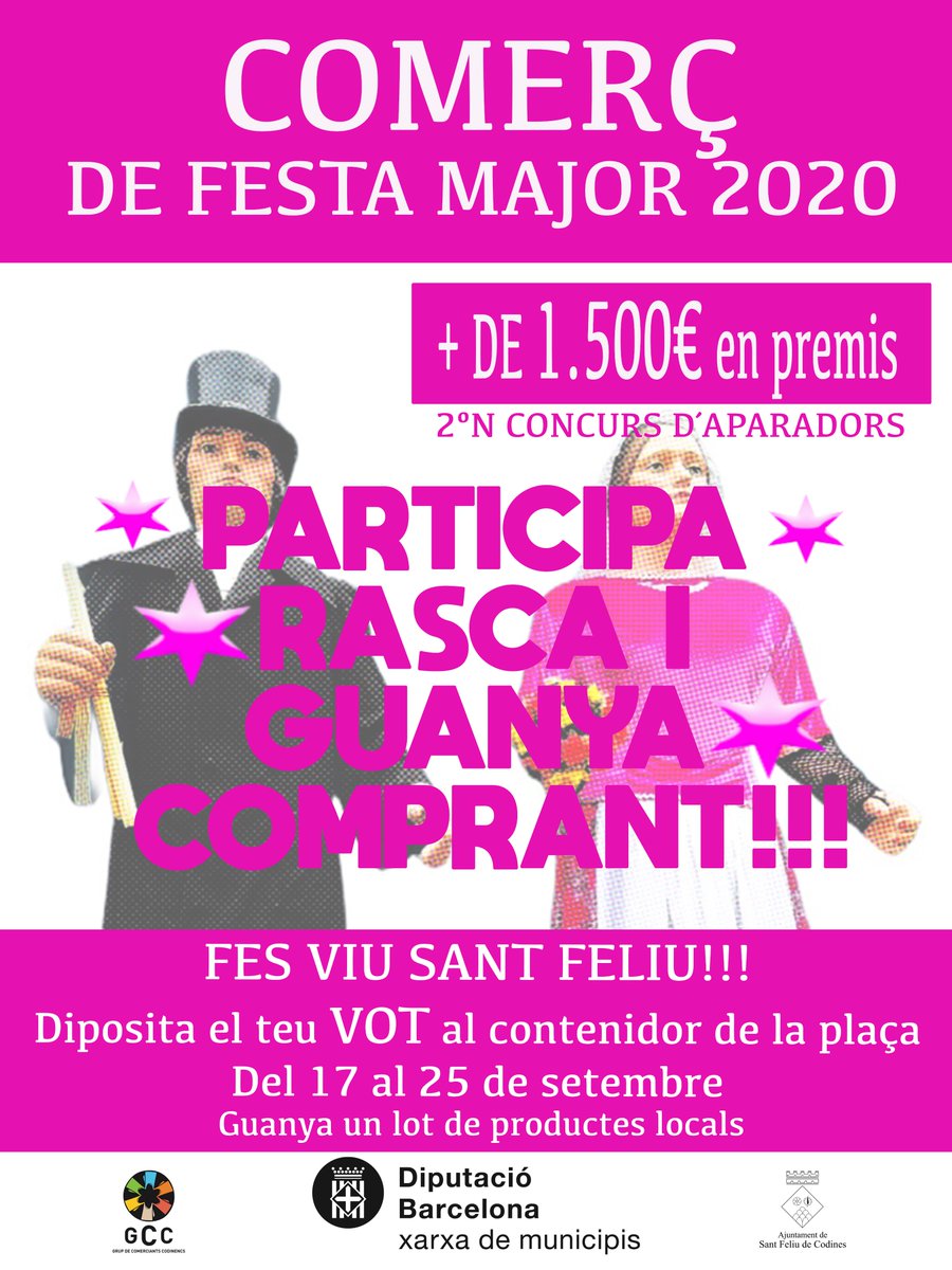 Comerç de Festa Major fes viu Sant Feliu!Participa, rasca i guanya comprant! #santfeliudecodines #sfc182 #FeMsfc20 
Més informació: bit.ly/3bTk69R