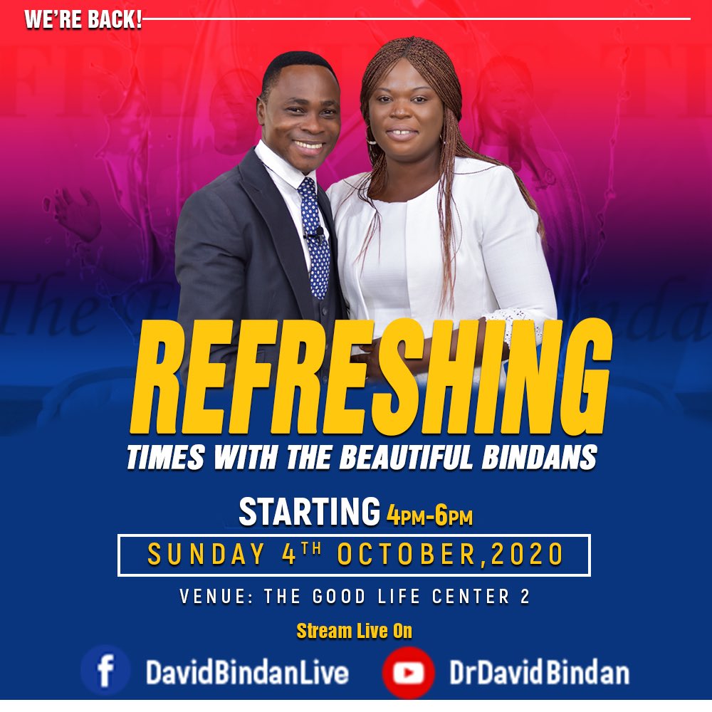 Davidbindanlive's tweet photo. Refreshing Times is back
Get ready for sweet fellowship with the Holy Spirit https://t.co/KPb4obw3Al