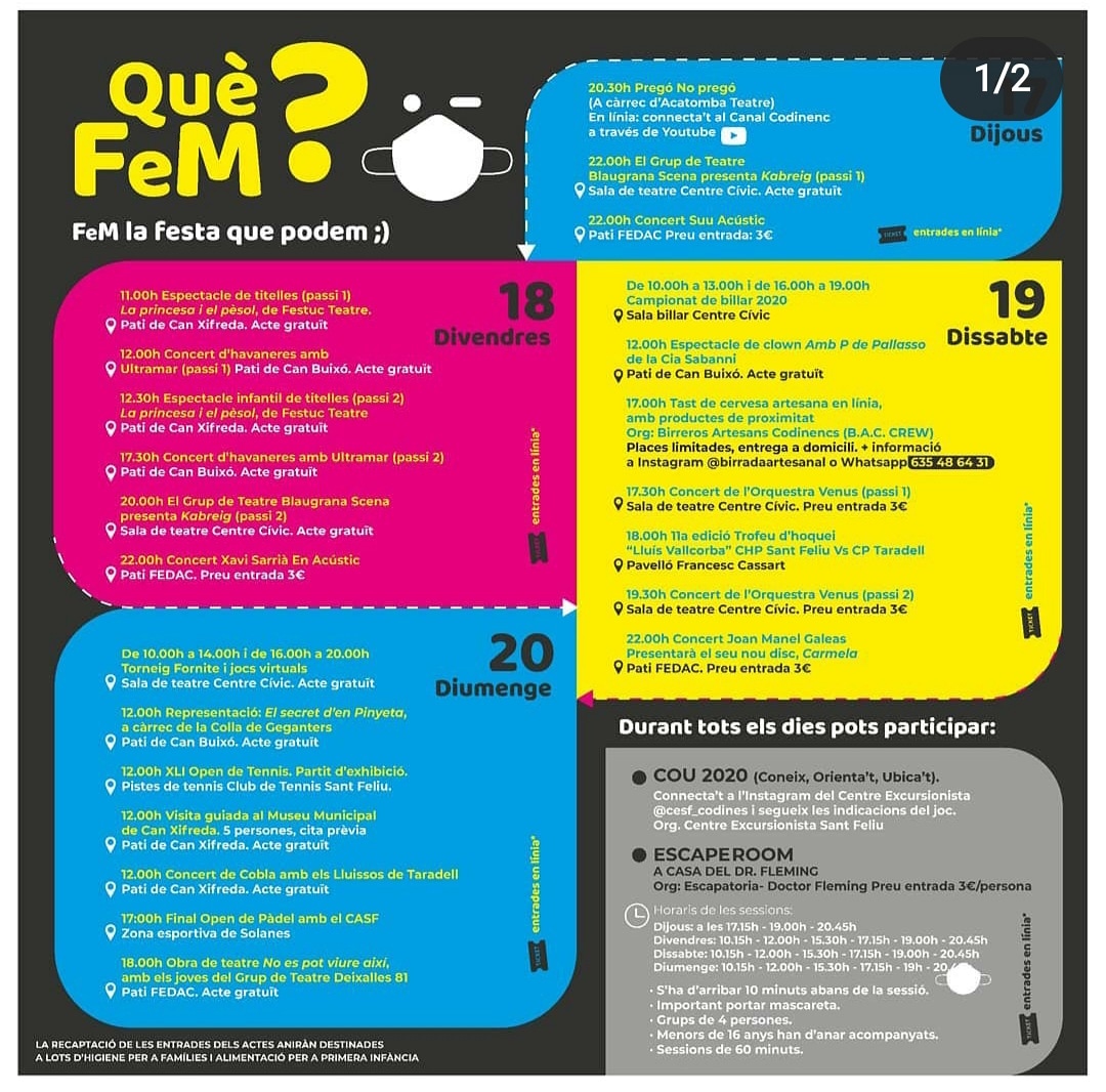 DES DE JUNTS PER SANT FELIU DE CODINES US DESITGEM QUE PASSEU UNS BONS DIES, TOT SENTINT ALLÒ DE MÉS BONIC I ÍNTIM O FAMILIAR QUE PUGUIN TENIR PER CADASCÚ DE NOSALTRES ELS DIES EN QUE NORMALMENT ESCLATARIA  TOT EL POBLE EN FESTA MAJOR. 
Aquests són els actes dels ....