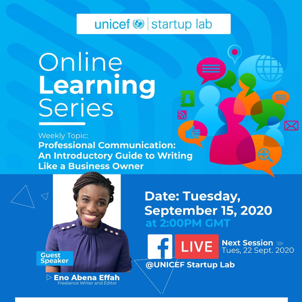 UNICEFStartups's tweet image. Join @UNICEFStartups on Tuesday 15th of September, for the second session of the #Online Learning Series, to learn more about how to leverage on your writing skills to grow your business. Join via this link: bit.ly/UNICEFGhanaWri…