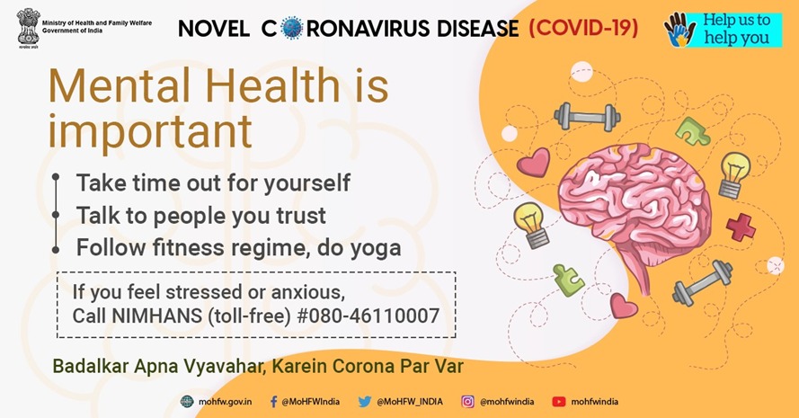 MoHFW_INDIA's tweet photo. #IndiaFightsCorona

It's important to feel strong - both physically &amp; mentally. For psychosocial support, please call NIMHANS Toll free #080-46110007. 

#BadalkarApnaVyavaharKareinCoronaParVaar #TogetherAgainstCovid19 https://t.co/0AjdblVrB1