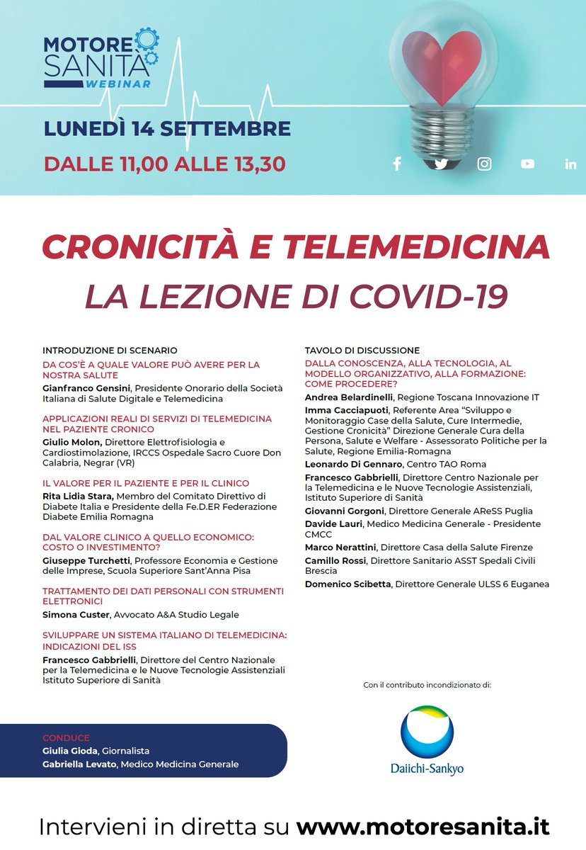 MOTORESANITA's tweet photo. ⏰ Vi aspettiamo numerosi alle ore 11 al #webinar: 
"𝐂𝐫𝐨𝐧𝐢𝐜𝐢𝐭𝐚̀ 𝐞 𝐭𝐞𝐥𝐞𝐦𝐞𝐝𝐢𝐜𝐢𝐧𝐚. 𝐋𝐚 𝐥𝐞𝐳𝐢𝐨𝐧𝐞 𝐝𝐢 𝐂𝐨𝐯𝐢𝐝-𝟏𝟗" 
👉 Per partecipare, iscriversi al link: https://t.co/NcdYJRSurg 
Con il contributo incondizionato di @DaiichiSankyoIT https://t.co/pTzRUw9j5K