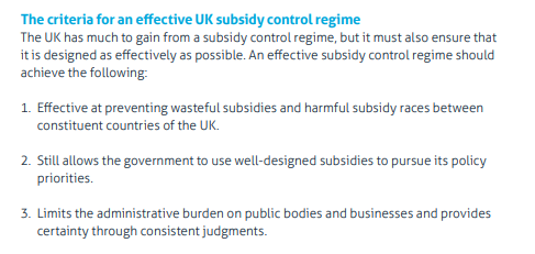So what should the UK adopt, if any? Ignoring for a moment the context of a deal with the EU, there are three options: a 'light touch regime' reportedly favoured by Cummings, state aid more or less as is, or a hybrid. We set out some criteria to help judge below 5/