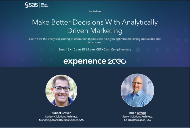 Join us Sept. 15, 10 a.m. ET for our next #SASwebinar – Make Better Decisions With Analytically Driven Marketing, featuring SAS' @suneelgrover and Brian Alfond. bit.ly/2E1O9zE