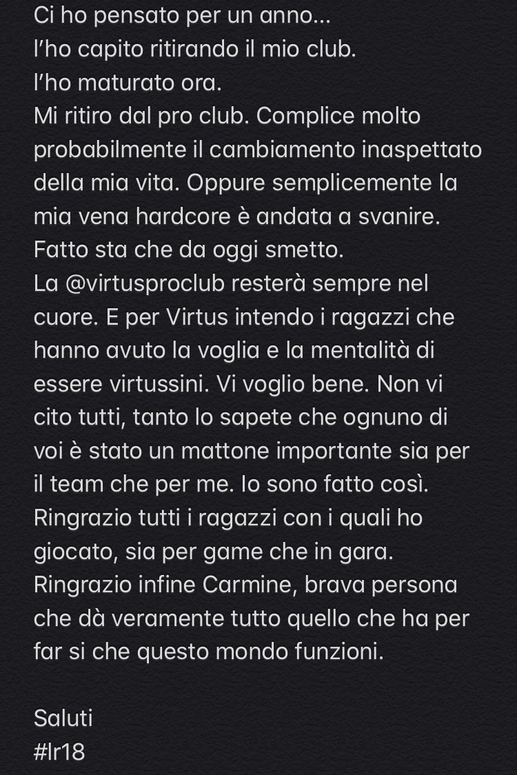 SiN4PS3's tweet photo. Lo farò così. In sordina
Mi ritiro dal proclub.
Ancora grazie a tutti ma le motivazioni e la voglia ormai erano arrivati al culmine.
Saluti
#lr18
@virtusproclub @NewsProclub @OffSidePage_ @ITPL_Carmine @VPG_Italy @FVPA_net @pctransfermarkt https://t.co/1Mur0LsD3l