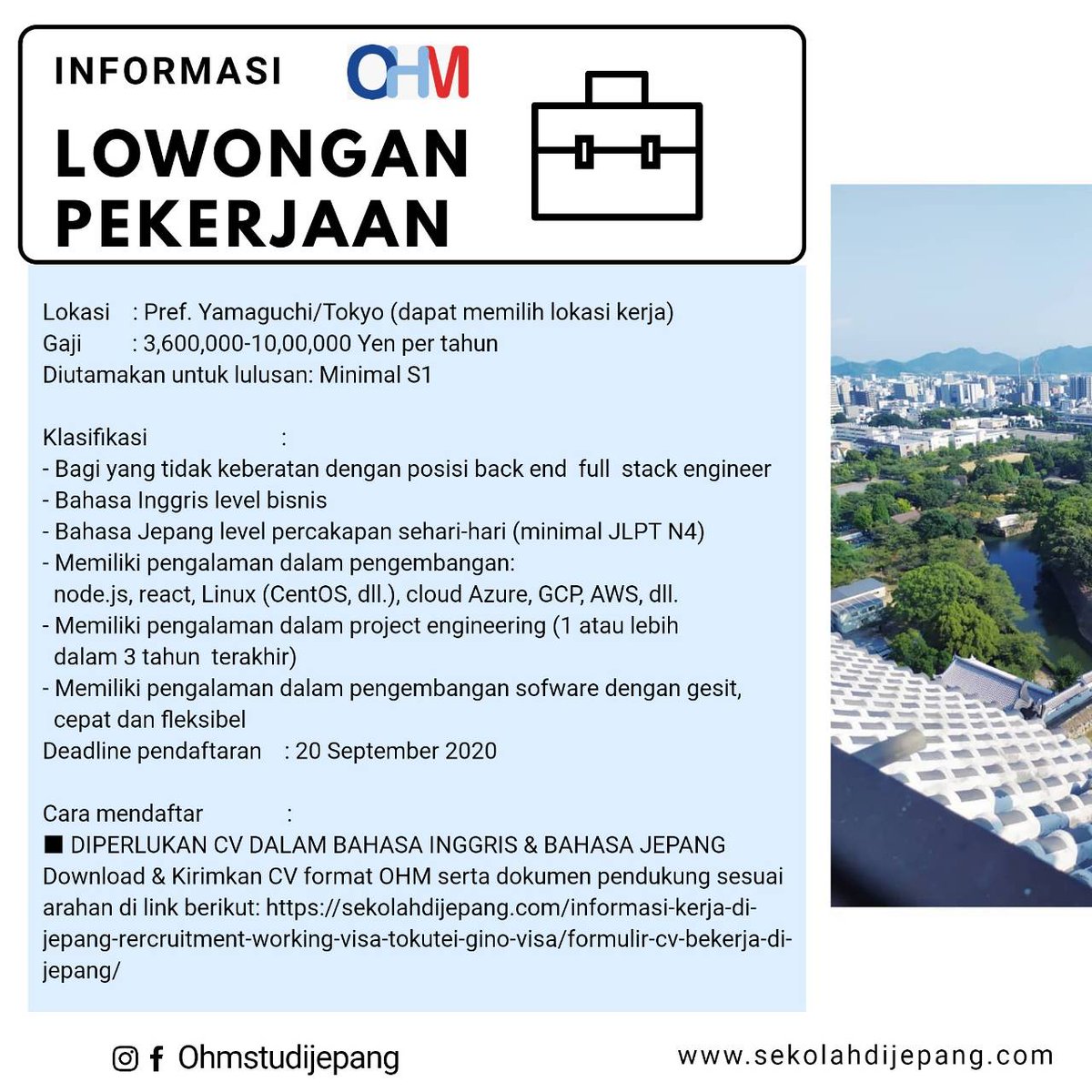 Lowongan Kerja di Jepang! Apply? download CV dan kirim beserta dokumen pendukungnya. Download dan ikuti petunjuknya sesuai link berikut sekolahdijepang.com/informasi-kerj… #LokerJepang #Lokerbekerjajepang #LokerITJepang #LokerEngineerJepang