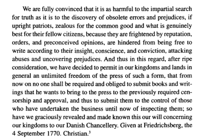 THREAD 1: On this day 250 years ago the Kingdom of Denmark-Norway became the first state in the world to formally abolish any and all forms of censorship through a Press Freedom Declaration of 14. september (effectuating a cabinet order of 4. september).