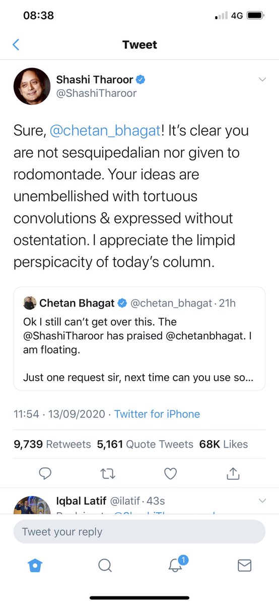 ilatif's tweet photo. @ShashiTharoor @chetan_bhagat I think Sir #Shashi_Tharoor sesquipedalian and rodomontade are not used correctly , it may need a revisit :🙏
Sure, @chetan_bhagat! It’s clear #you_are not used to #sesquipedalianism (plural not singular ) nor #do_you ( take out #given_to) #rodomontade. Your ideas are..... https://t.co/GXwwMGRSBu