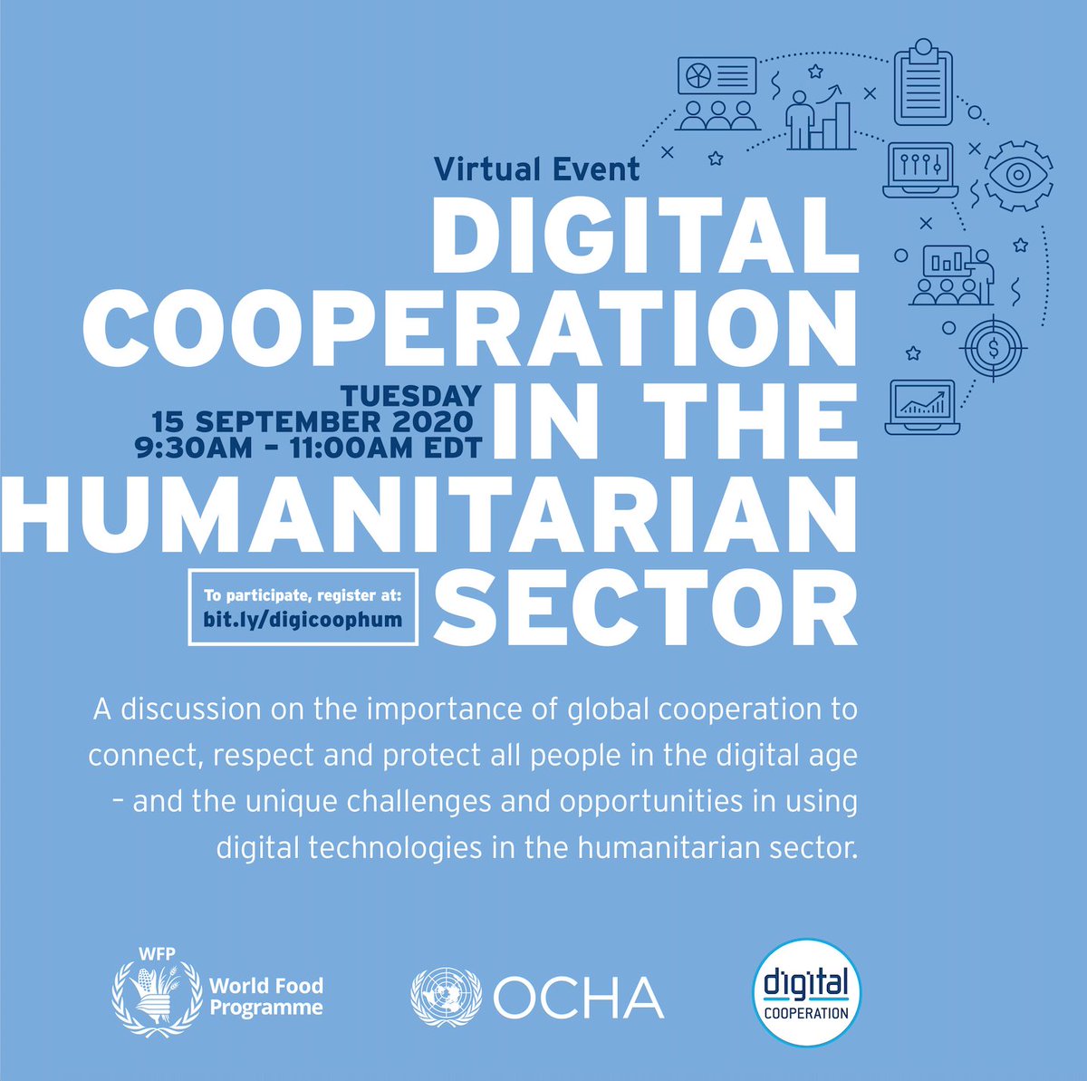 Join @UNSGdigicoop, @humdata, @UNOCHA, @WFP, @HochschildF, @Googleorg & us for a conversation on #DigitalCooperation in the Humanitarian Sector.

📅 Tuesday, 15 September @ 13:30 GMT
Register here: bit.ly/digicoophum