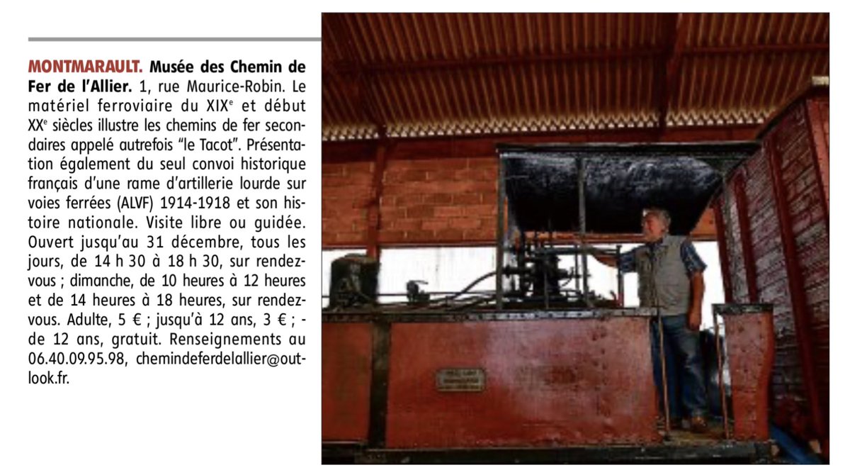 MaCombrailles's tweet photo. Douze #musées à visiter dans la région de #Montluçon: c'est dans le quotidien La Montagne du 8 septembre 2020. A #Montmarault, le musée des chemins de fer de l'#Allier. #Combraille  #histoire #tourisme https://t.co/2PgzvGz9Uo