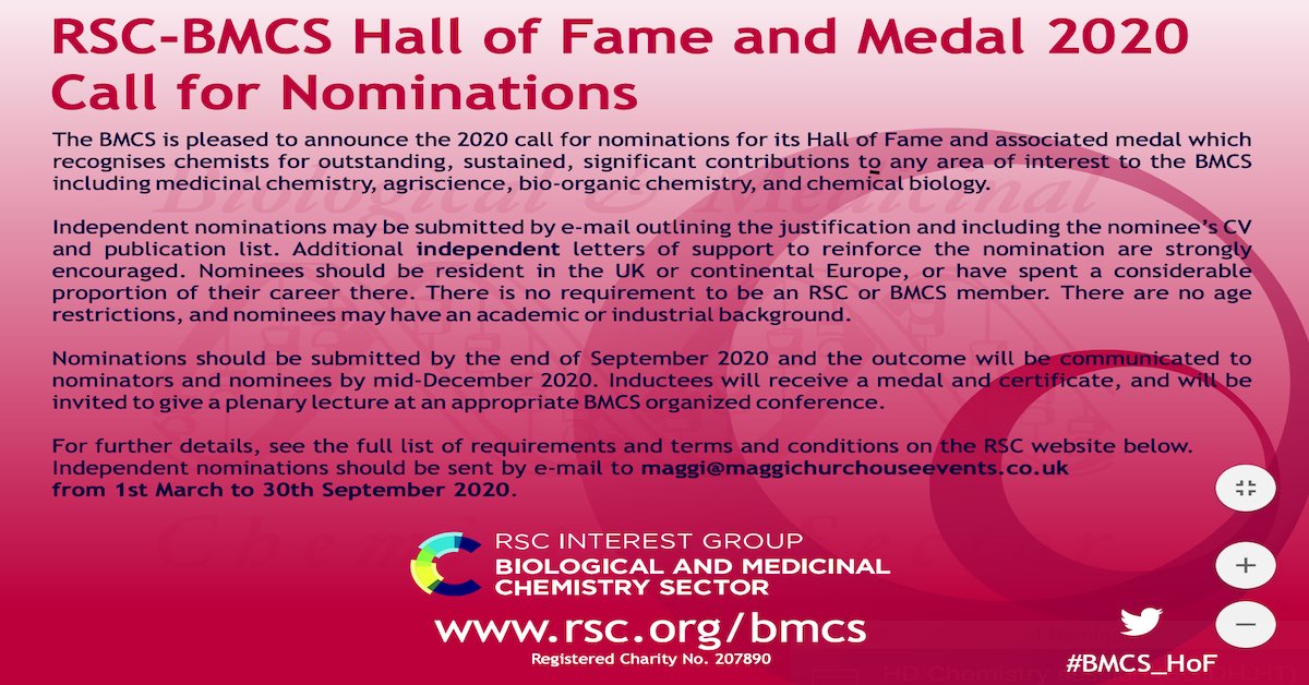 RSC_BMCS's tweet photo. 🏅Nominations close 30 Sep for BMCS Hall of Fame and associated medal, which recognises chemists for outstanding, sustained, significant contributions to any area of interest to the BMCS.
https://t.co/8Gby1KkIej
#BMCS_HoF #BMCS_awards https://t.co/Bc4SQjBr5F