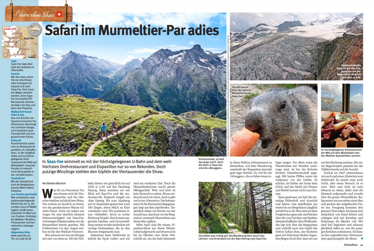 valaiswallis's tweet photo. In #SaasFee @valaiswallis wimmelt es mit der höchstgelegenen U-Bahn & dem welthöchsten #Drehrestaurant & #Eispavillon nur so von Rekorden. Doch #Murmeltiere stehlen den Gipfeln der #Viertausender die Show. Mehr dazu im Artikel der GlücksPost. https://t.co/FJnWIpO5ij