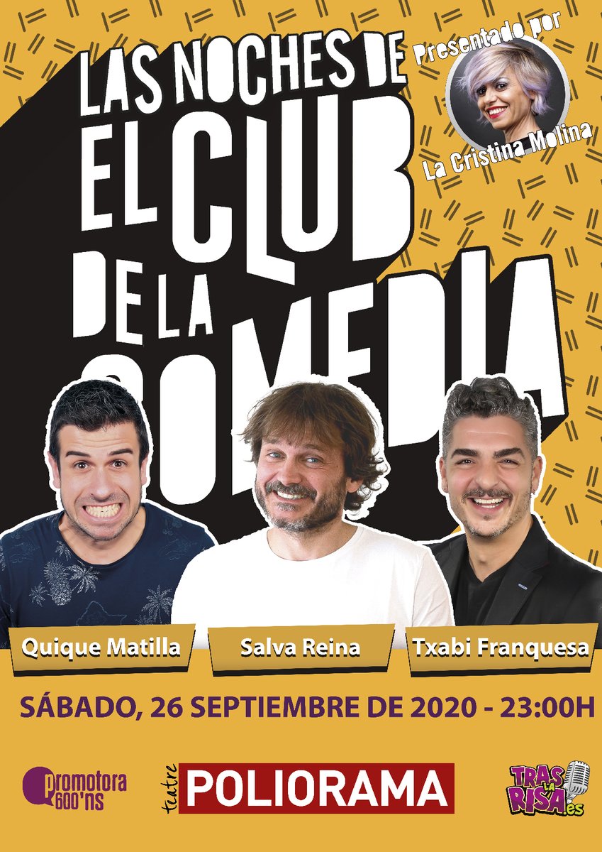 Este 26 de septiembre las risas se volverán a apoderar, una vez más, del <a href="/teatrepoliorama/">Teatre Poliorama</a> de #Barcelona con #LasNochesDeElClubDeLaComedia.

Ven a pasarlo en grande con <a href="/QuiqueMatilla/">Quique Matilla</a>, <a href="/salvareinachuki/">salva reina</a> y <a href="/TxabiFranquesa/">Txabi Franquesa</a>, presentado por @LaCrisMolina11. ➡ bit.ly/nochestraslari…