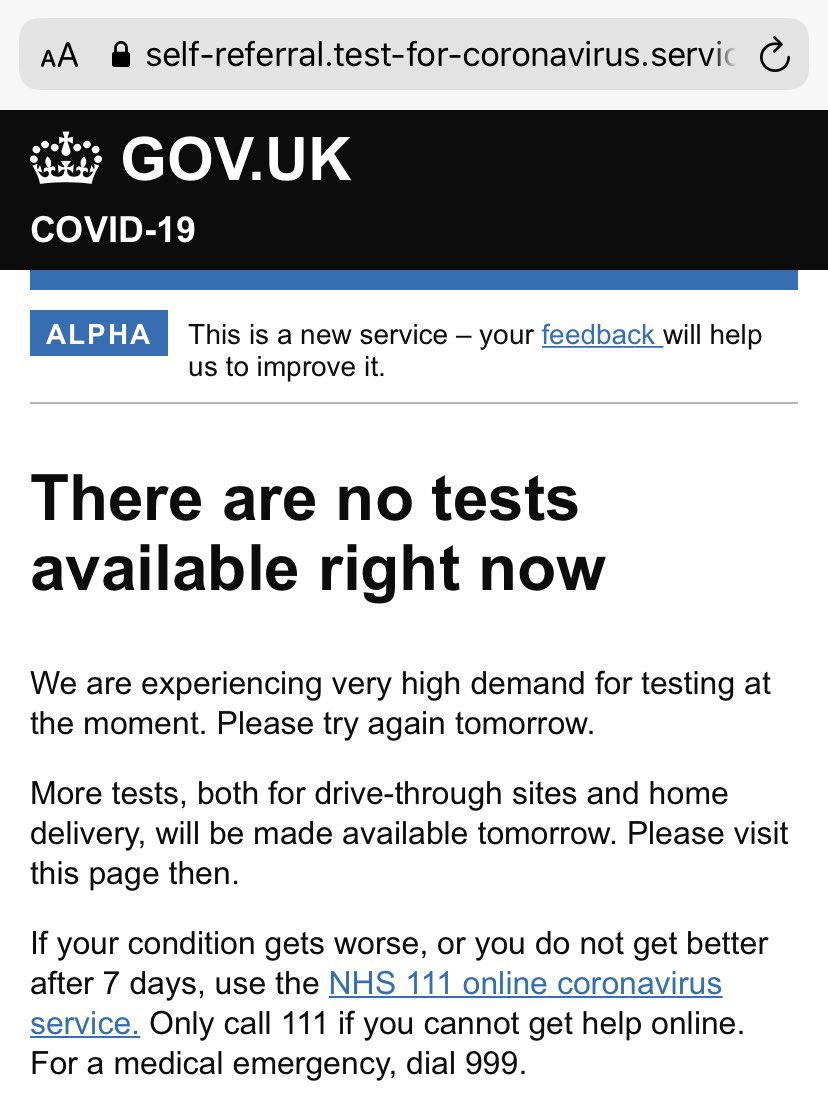 SWWiltsLibDems's tweet photo. Following recent national media reports that some people across the country are struggling to get test appointments near their homes @wiltscouncil
We didnβt even make it past the 1st page now to check for nearest centre for testing. #NoTestsAvailable #coronavirus @DanOB1986 https://t.co/wkrzRSvjRz