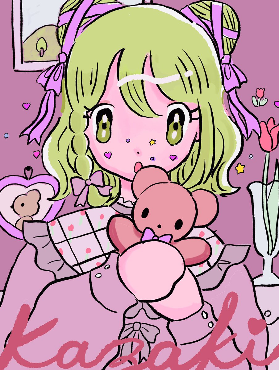 #森中びじゅつかん
お友達の誕生日に描いた森中花咲ちゃん🧸
描くためにYouTubeを沢山見て花咲ちゃんは色んなお洋服が似合うだろうなと思った。 