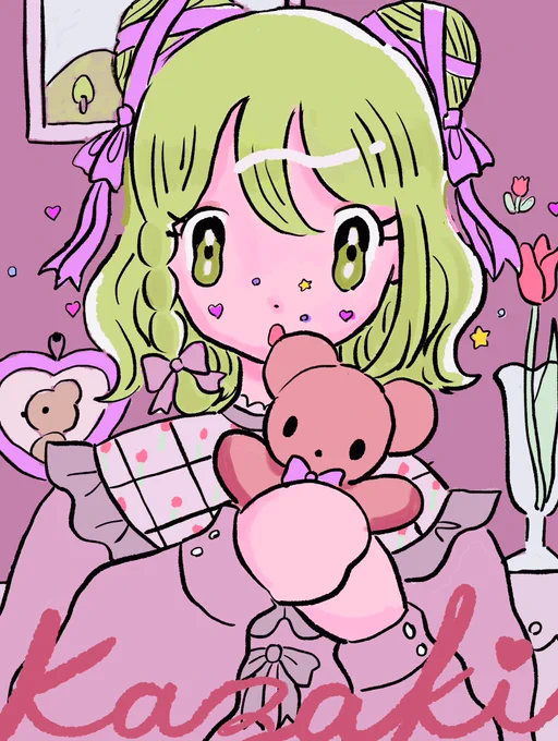 #森中びじゅつかん
お友達の誕生日に描いた森中花咲ちゃん🧸
描くためにYouTubeを沢山見て花咲ちゃんは色んなお洋服が似合うだろうなと思った。 