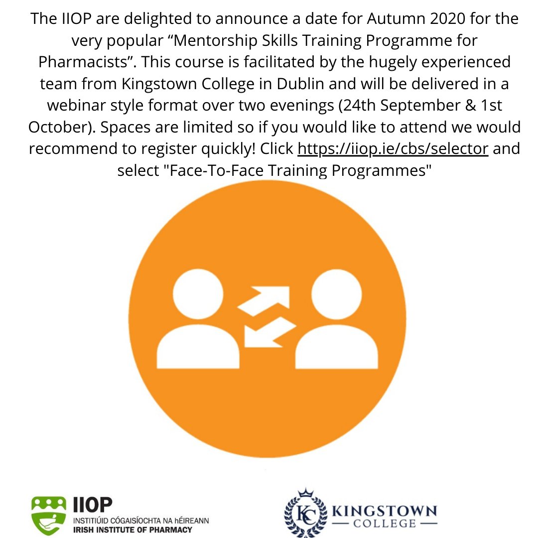 IIOPharmacy's tweet photo. The "Mentorship Skills Training Programme for Pharmacists" is now open for registration for Autumn 2020. Limited places available. Register here: https://t.co/6z50XlLLQw #mentoring #learning #pharmacy #kingstowncollege https://t.co/vf1d6k5iIs