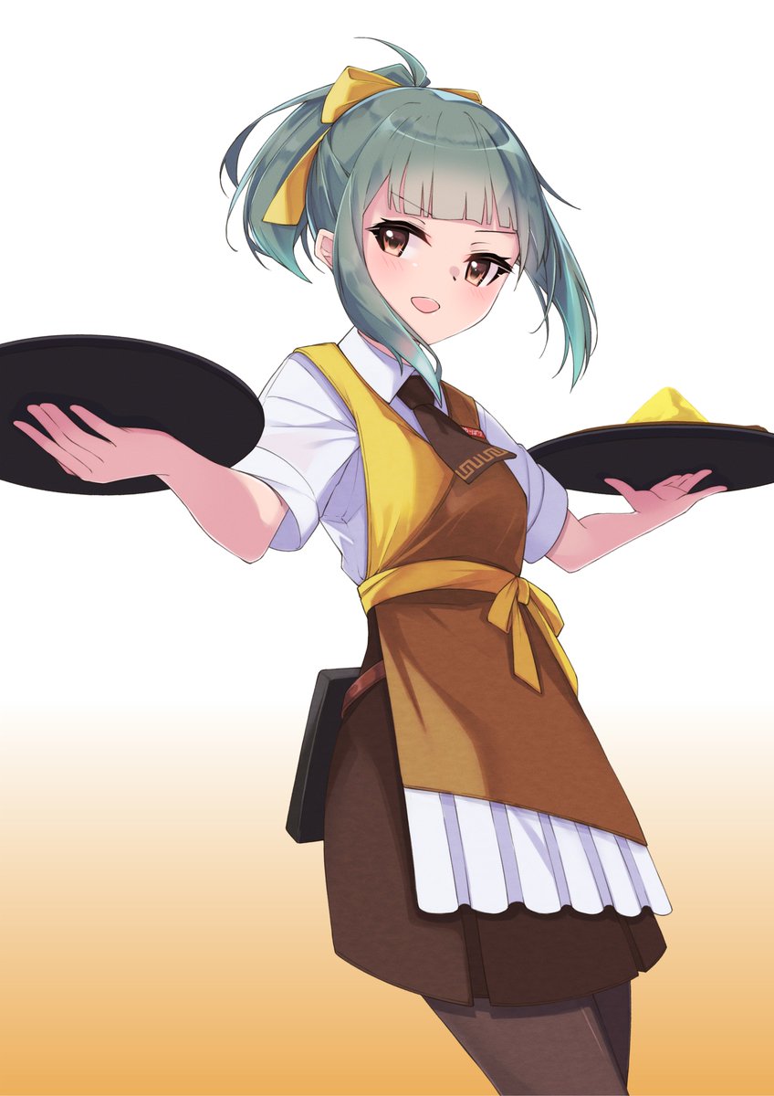 yuubari (kancolle) 1girl solo ponytail apron pantyhose waitress brown eyes  illustration images