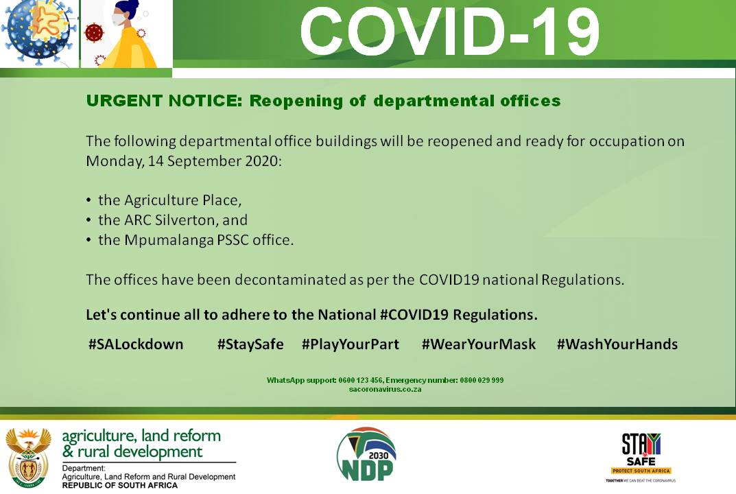 DOAgov_ZA's tweet image. [Notice] Reopening of departmental offices. @premiumbusiness #level2lockdown #StayHomeSA #Covid_19 #WashYourHands #PlayYourPart #PublicServiceMonth