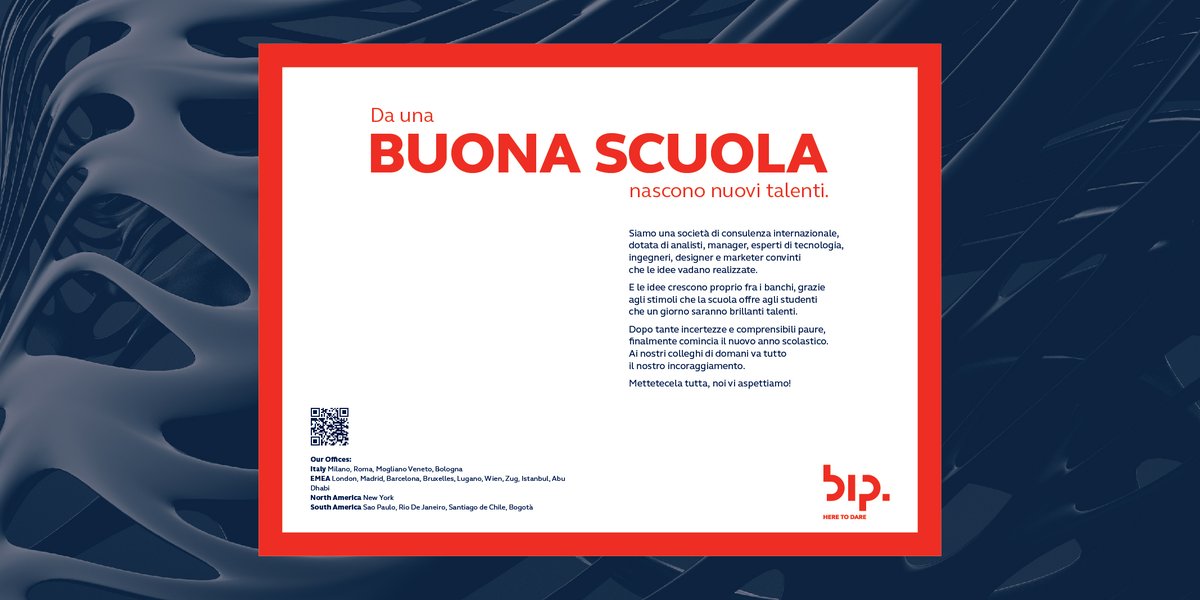 Oggi sui giornali l’augurio di Bip a insegnanti e studenti per il nuovo anno scolastico! Crediamo che le idee crescano fra i banchi grazie agli stimoli che la scuola offre agli studenti che un giorno saranno brillanti talenti. Ai futuri colleghi va tutto il nostro incoraggiamento