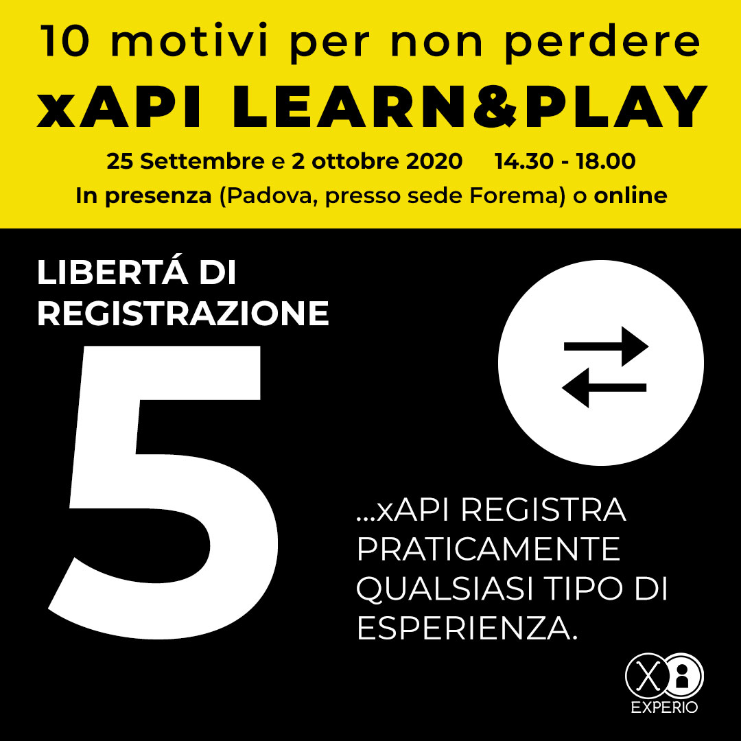 ennemastro's tweet image. Il quinto motivo per partecipare al workshop su #xapi è la #libertà di registrazione.  #experienceapi registra qualsiasi tipo di esperienza. Durante al workshop potrete metterci alla prova.
experio.it/xapi-workshop/