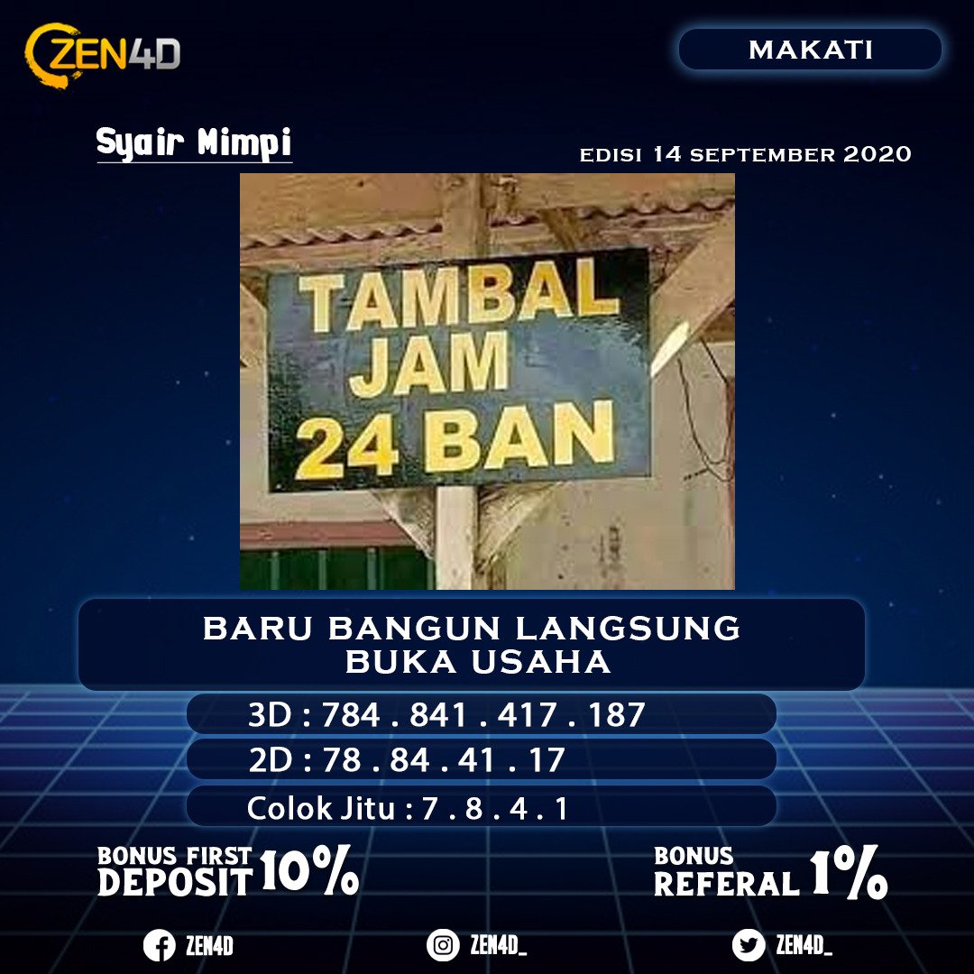 Syair mimpi "MAKATI" undian jam 17.40

Pendaftaran &amp; info lebih lanjut, kunjungi Page Official kami di bawah:
- Facebook : ZEN4D
- Twitter : <a href="/Zenn4d/">Zen4d</a>
- Instagram : @zen4d_
- Website : www. zen4d .live
- Whatsapp : +639777150875
#FixEnak 
#onestoryaway 
#LOVEFORLUCAS