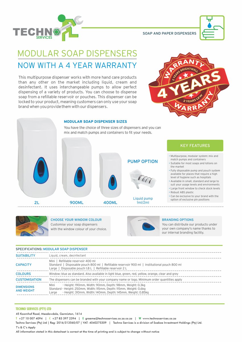 TechnoServices9's tweet photo. Happy Monday.🙂
Who said wishes don't come true!
We bring you our Genuine Brightwell Modular Soap Dispenser. That is so tough it handles both Soap and Alcohol Sanitizer. A Market Leading 4 years on a Top Up Dispenser. Can your current supplier come close?? 
Contact on: 0117084773 https://t.co/0Jea0s2Enm