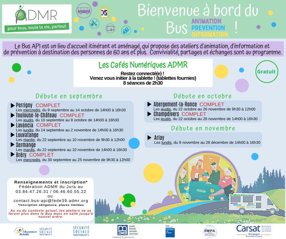L'ADMR près de chez-vous ! 
Pour tout savoir sur le calendrier des actions du Bus API*⬇️
#convivialité #partages #échanges
*Afin de respecter les gestes barrières, les ateliers se feront en salle jusqu'à nouvel ordre.