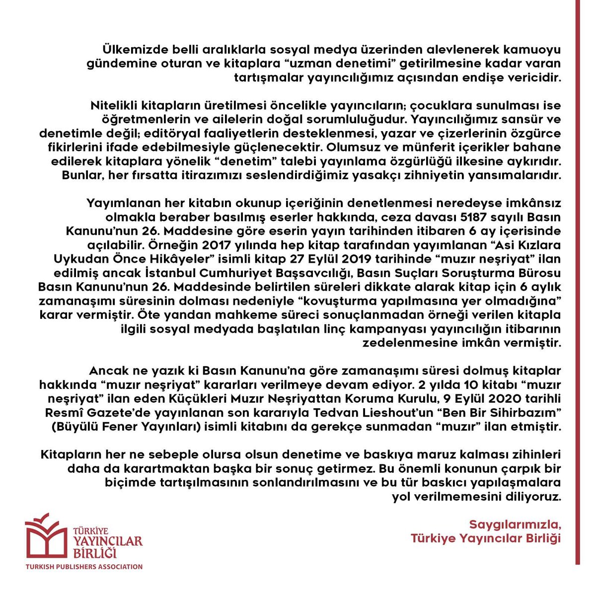 Basın Açıklaması: Kitaplara "Denetim" Yarar Değil Zarar Getirir! turkyaybir.org.tr/basin-aciklama…