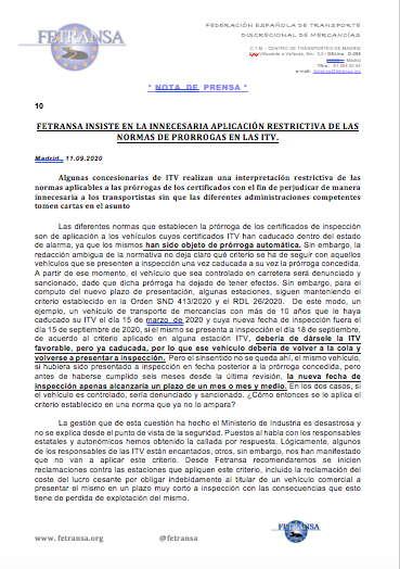 fetransa's tweet photo. .@fetransa denuncia que algunas concesionarias de #ITV realizan una interpretación restrictiva de las normas aplicables a las prórrogas de los certificados con el fin de perjudicar de manera innecesaria a los transportistas ante la pasividad de las diferentes administraciones. https://t.co/F5izPFUK4S