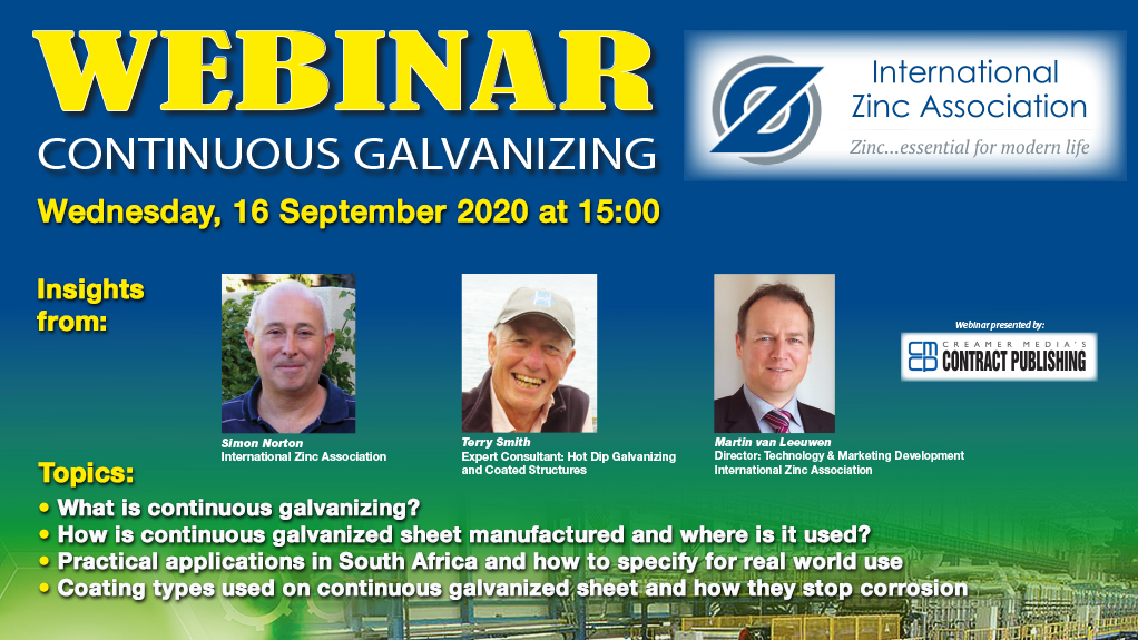 CreamerMediaZA's tweet image. The International Zinc Association and @CreamerMediaZA's Contract Publishing is hosting a webinar on Continuous Galvanizing on September 16. The webinar will aim to assist engineers and designers to make the right decision on #continuousgalvanizing. ow.ly/1yLV50BlCzH