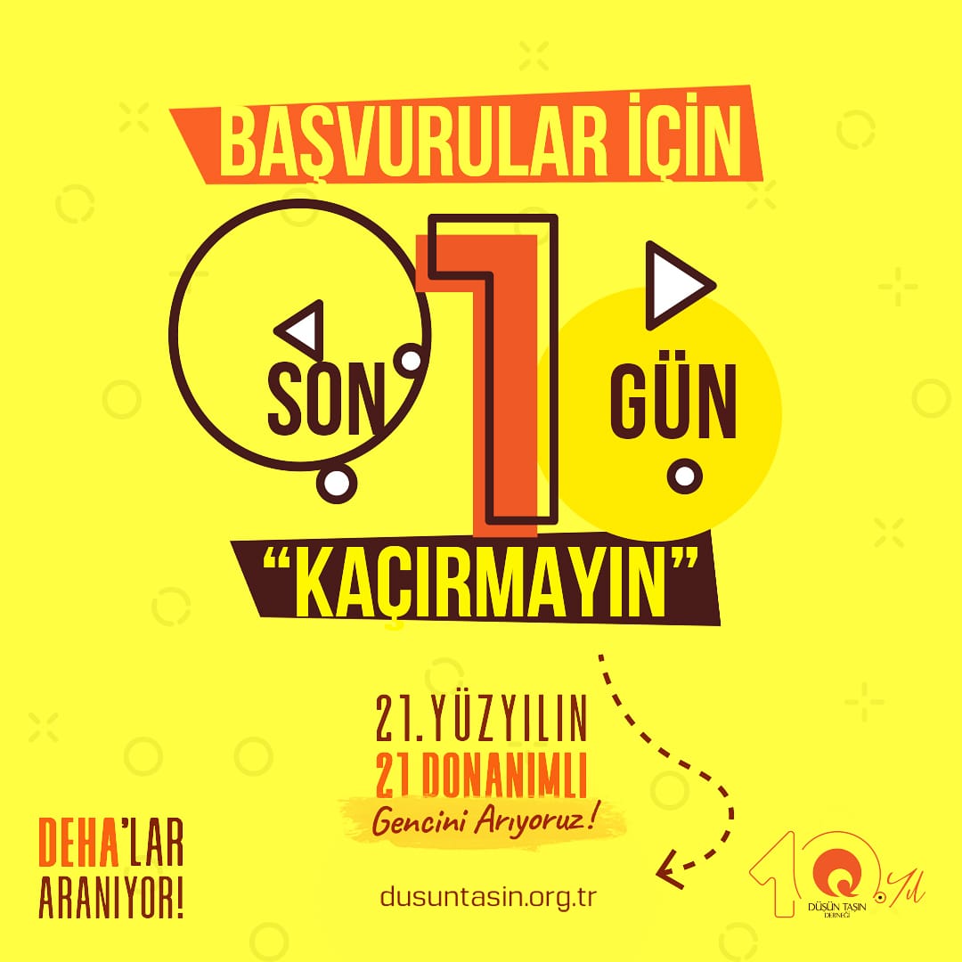 dusuntasin's tweet photo. Başvurular için son 1 gün! 🤠

👉https://t.co/aQb112BYi1

#DehalarAranıyor #21Yüzyılın21DonanımlıGenci https://t.co/G8NEYRsEzW