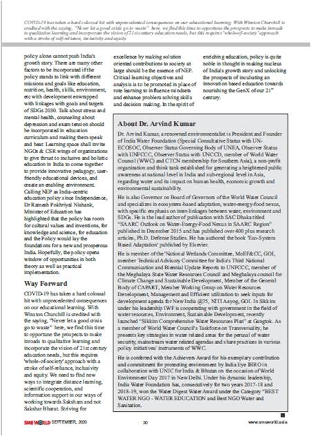 IndiaWaterFoun1's tweet photo. Dr. Arvind Kumar's (#President, #IndiaWaterFoundation) article "NEP 2020 : Harbinger of Saksham plus Bharat!" published in #SMEWorld magazine, Vol. XIII, No. 09, September 2020 issue.............more
https://t.co/i6hmQFINjL @PMO_NaMo @NITIAayog
@DrRPNishank @EduMinOfIndia https://t.co/OmMlRFinnO