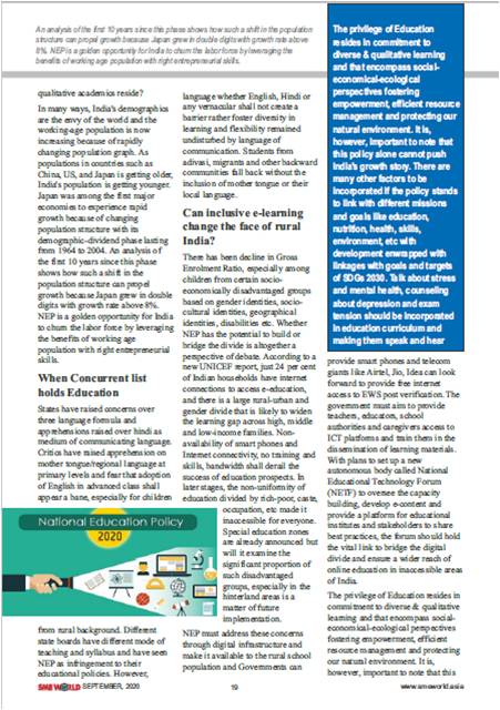 IndiaWaterFoun1's tweet photo. Dr. Arvind Kumar's (#President, #IndiaWaterFoundation) article "NEP 2020 : Harbinger of Saksham plus Bharat!" published in #SMEWorld magazine, Vol. XIII, No. 09, September 2020 issue.............more
https://t.co/i6hmQFINjL @PMO_NaMo @NITIAayog
@DrRPNishank @EduMinOfIndia https://t.co/OmMlRFinnO