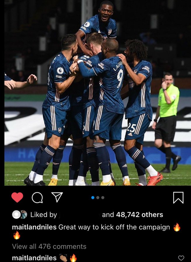 TrollFootball's tweet photo. Maitland-Niles commenting on his own Instagram post

(Credits: @afctomm_ ) https://t.co/LnxgHve1Vu