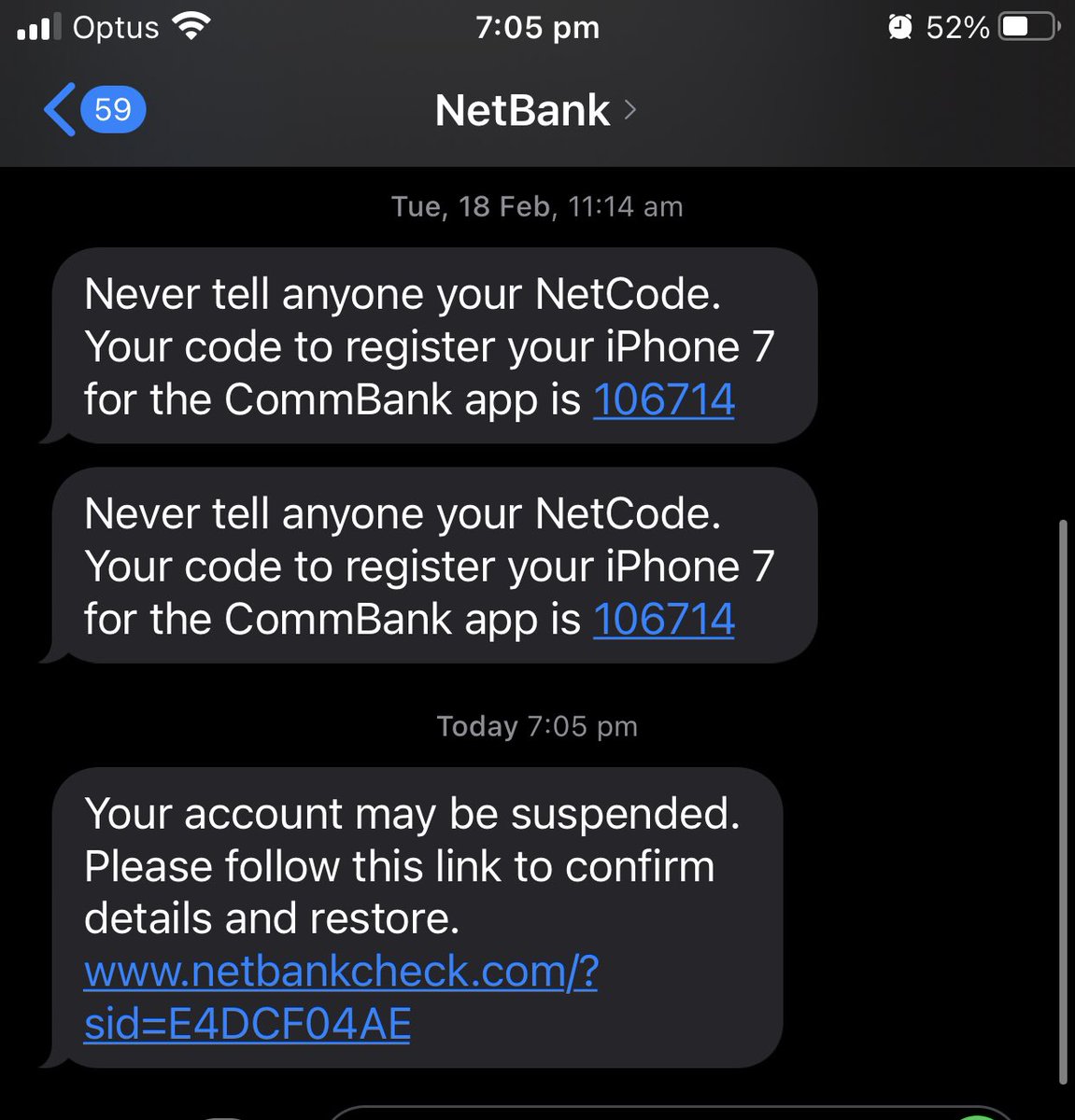 nickmaddern's tweet photo. @CommBank this looks like a very good scam - comes from the same sender name as real commbank notifications. Or this message is real and you are using a site with no ssl https://t.co/pQlzLidb0e
