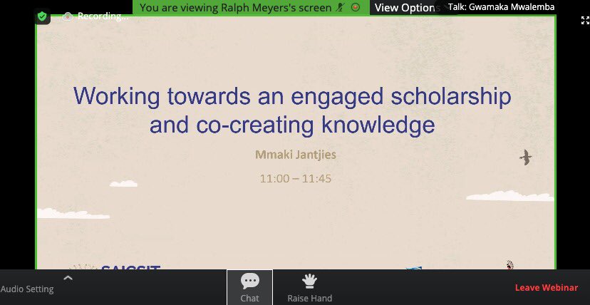 AIS_SAC's tweet photo. Prof. @MmakiJ talk on #engagedscholarship and #cocreating #knowledge has started. Wonderful to have you join us Prof. #aissac #saicsit https://t.co/i4AevCwuwe