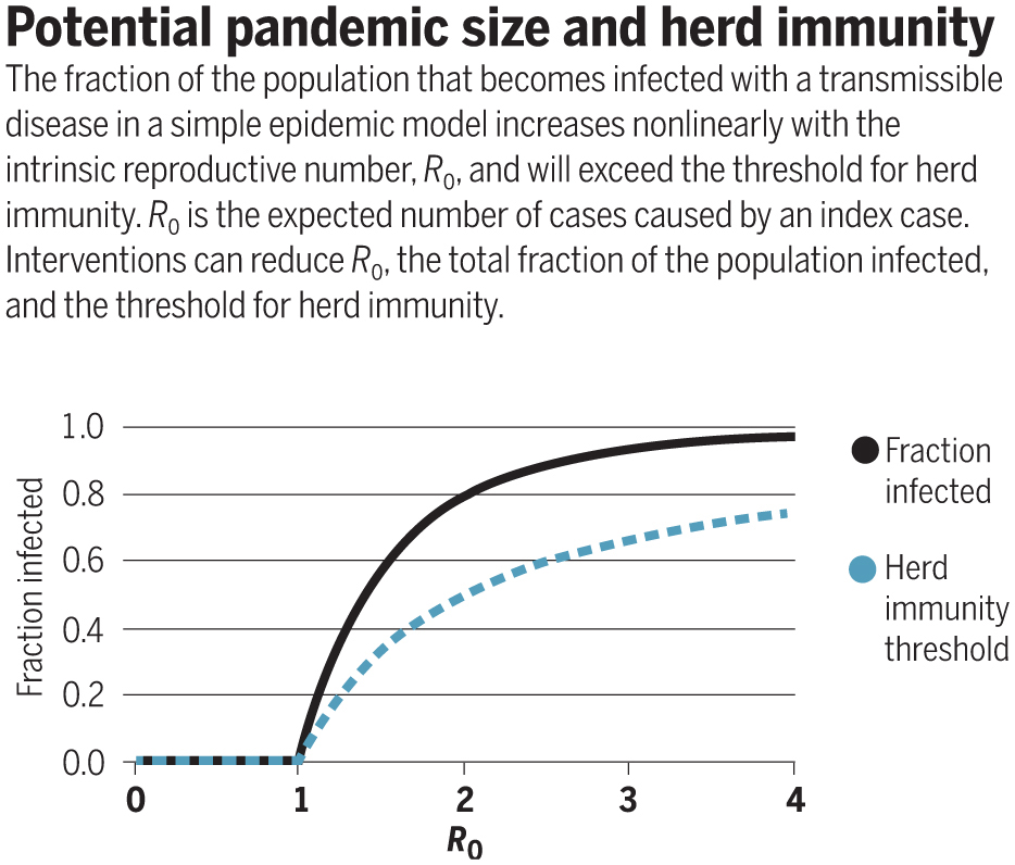 In an uncontrolled epidemic, 'herd immunity' is reached at the peak (because R<1 after this point), which means the final % infected is generally much larger than the herd immunity threshold. (Below from:  https://science.sciencemag.org/content/368/6492/713/tab-figures-data) 3/