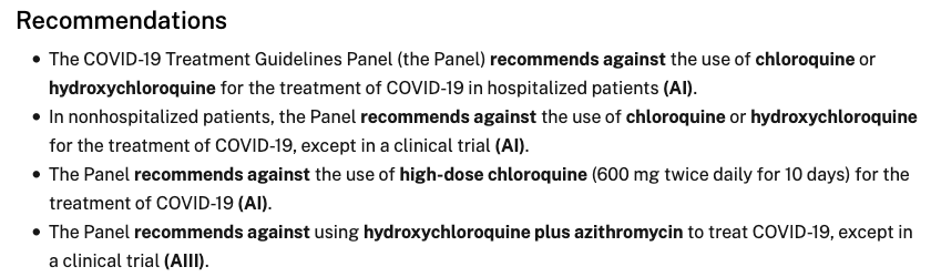 Aux États-Unis : @US_FDA @IDSAInfo  @NIH Ne pas utiliser quelle que soit la gravité https://www.covid19treatmentguidelines.nih.gov/antiviral-therapy/chloroquine-or-hydroxychloroquine-with-or-without-azithromycin/ https://www.idsociety.org/practice-guideline/covid-19-guideline-treatment-and-management/ https://www.fda.gov/drugs/drug-safety-and-availability/fda-cautions-against-use-hydroxychloroquine-or-chloroquine-covid-19-outside-hospital-setting-or