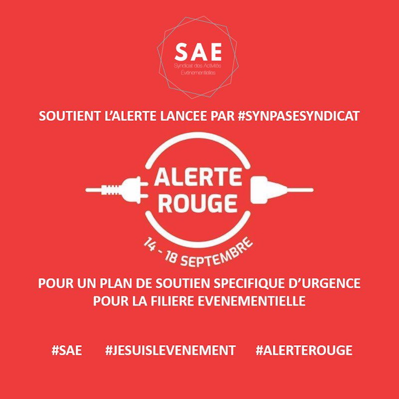 🚨 Jusqu’à 80% de perte de Chiffre d’affaires pour la filière événementielle. La mort de nos boîtes... et des milliers d’emplois supprimés à venir...
Pour un plan de soutien spécifique d’urgence #jesuislevenement #sae #alerterouge